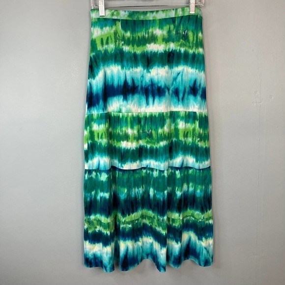 CHICO'S Bright Green Blue Striped Tie Dye Tiered Maxi Skirt Elastic Waist Size S - Picture 10 of 12
